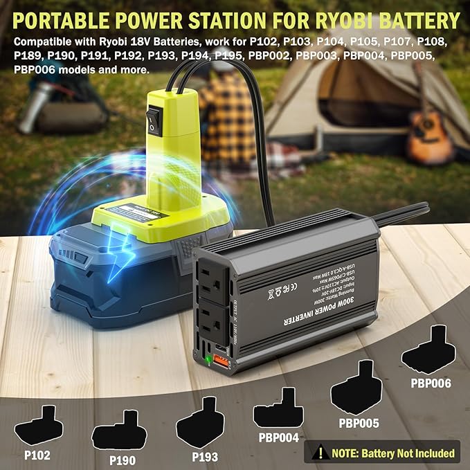 300W Power Inverter Compatible with Ryobi 18V Battery - DC 18V to AC 110V Battery Converter, Portable Power Station with PD 65W Type-C Fast Charging & 2 AC Outlet & 1 USB-A 18W Max