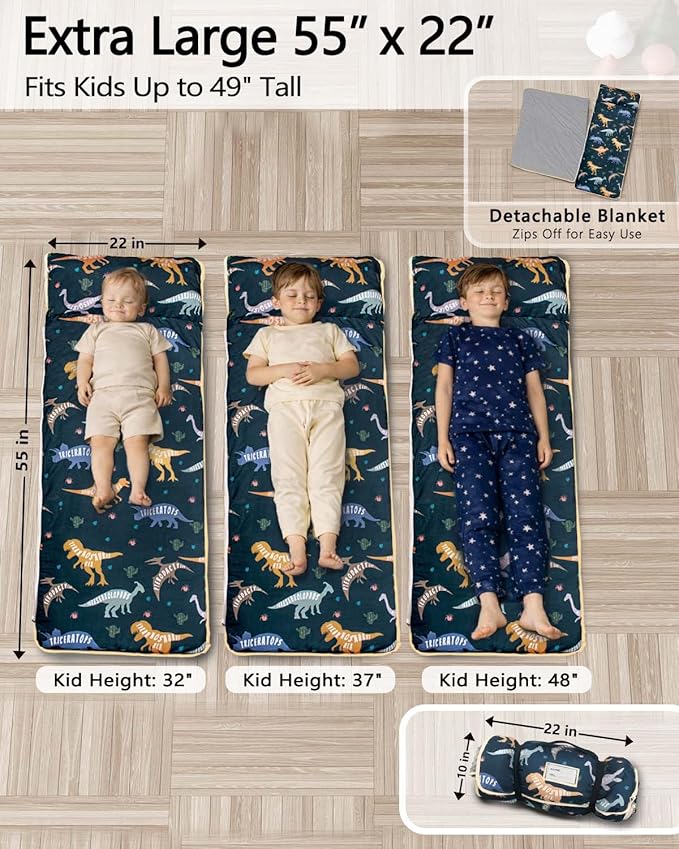 Primlect Toddler Nap Mat Extra Large Thickened 55''x35'', Soft Sleeping Bag with Detachable Minky Blanket and Pillow, Portable for Daycare, Preschool, Kindergarten, Travel, Boys and Girls