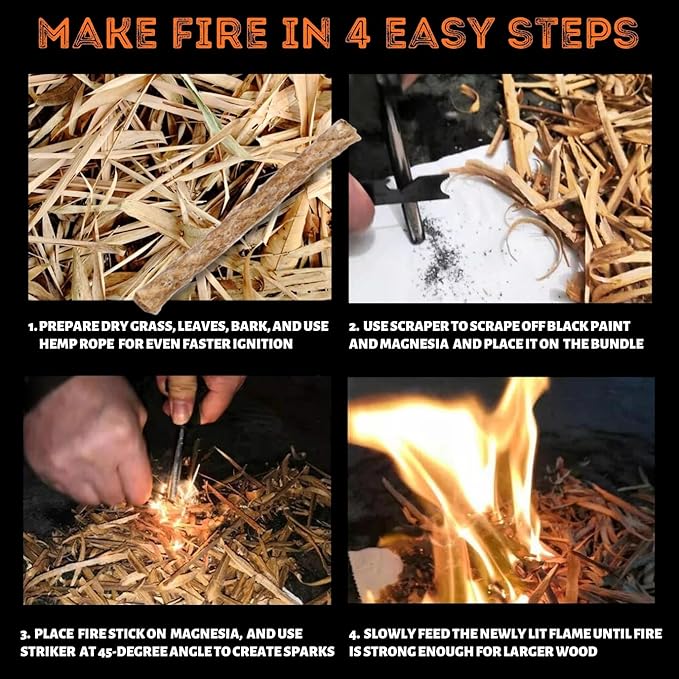 Tactiko Survival Fire Starter Kit - Premium Flint and Steel Firestarter for Campfires, Hemp Rope & Storage Pouch, 4" Magnesium Ferro Rod, Stocking Stuffers for Men, Camping Accessories - U.S. Company