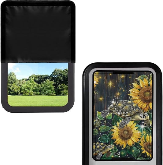 RV Door Window Shade Cover Blocking UV Rays & Heat Protection, Turtle Sunflower Portable Camper Trailer Door Blackout Windshield Cover, Foldable RV Accessories Sun Shade