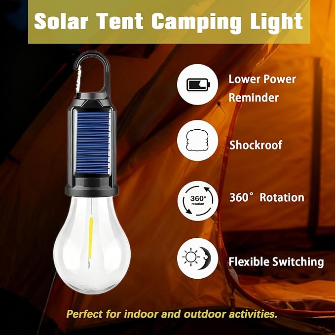 Solar Camping Light-4Packs, Rechargeable Tent Lamp with Hook, Vintage Outdoor Design