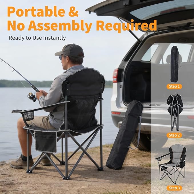 NEWBULIG Oversized Folding Camp Chair for Adults, 500 LBS Heavy Duty Support, Portable Outdoor Collapsible Chairs, with Cup Holders, Side Cooler & Pockets, for Lawn, Beach, Fishing, Hiking, Black