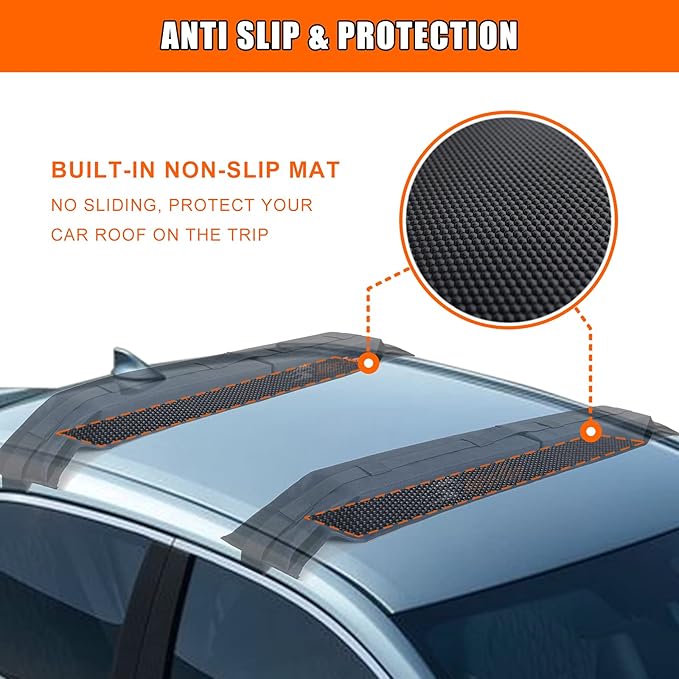MeeFar Universal Car Soft Roof Rack Pads Luggage Carrier System for Kayak Surfboard SUP Canoe Include 2 Heavy Duty Tie Down Straps, 4 Tie Down Rope, 4 Quick Loop Strap and Storage Bag