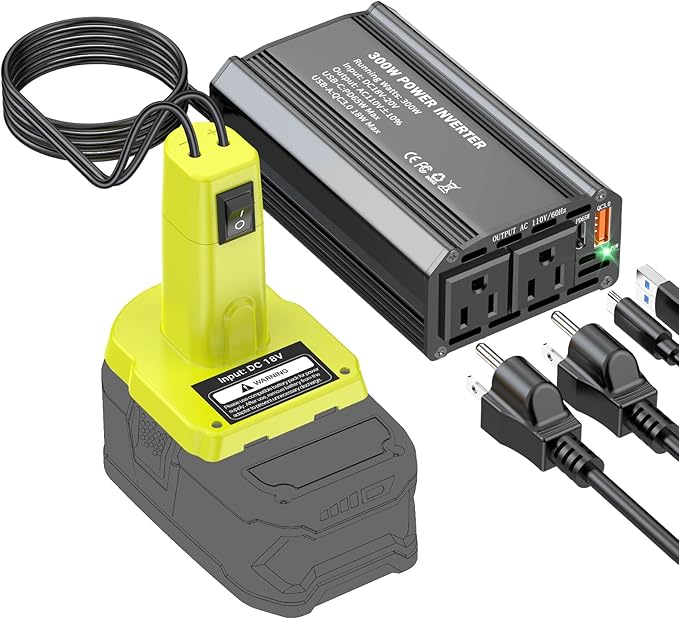 300W Power Inverter Compatible with Ryobi 18V Battery, DC 18V to AC 110V Portable Power Station Generator with 2 AC Outlets & 1 Type-C PD 65W & 1 USB A 18W Max for Emergency Power