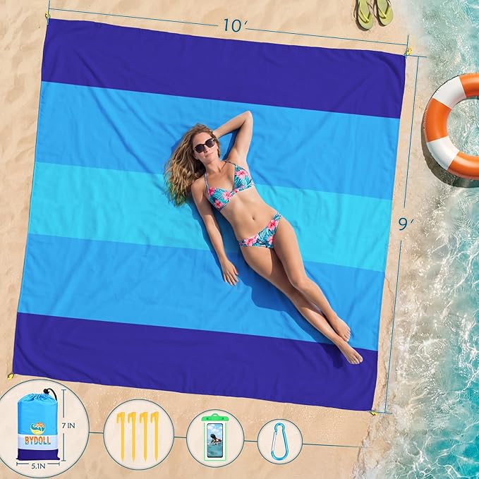 BYDOLL Beach Blanket 10'X9' Waterproof Sandproof Suits1-8 Adults Oversized Lightweight Large Blanket Picnic Mat for Beach Sand Free Travel Camping Hiking Picnic
