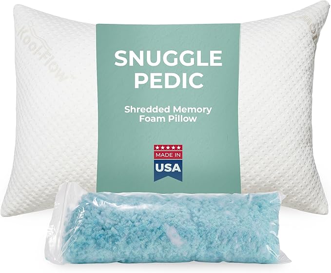 Snuggle-Pedic Adjustable Gel Cooling Pillow - Shredded Memory Foam Pillows for Side, Stomach & Back Sleepers - Keeps Shape - College Dorm Room Essentials for Girls and Guys - Standard