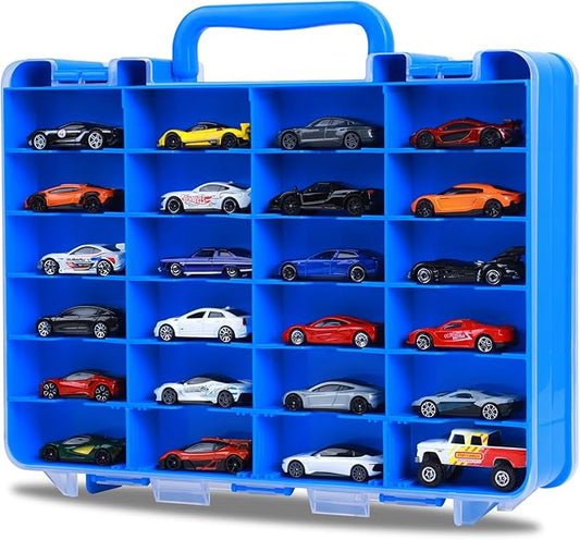 Saichotoy Storage Case for Hot Wheels - Carrying Display Case for 1/64 Scale Toy Cars, 48-Slot Double-Sided Transparent Organizer with Adjustable Dividers (Blue, 1 Pack)