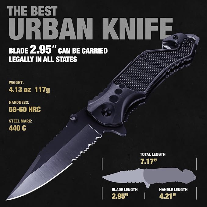 GOOD WORKER Legal Pocket Knife with 2.95” Serrated Blade, Glass Breaker, Seat Belt Cutter - EDC Sharp Folding Knives with Portable Clip - Small Tool for Tactical Camping Survival Hiking - Gifts for Men, Women