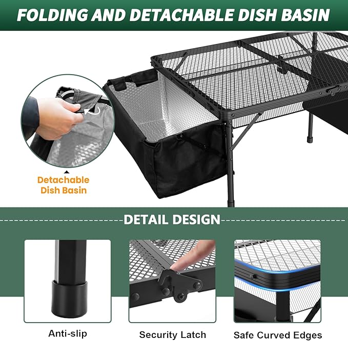 WildFinder Portable Folding Grill Table with Sink for Outdoor, Lightweight Aluminum Frame Folding Grill Stand Picnic Table Camping Cooking BBQ, RV Picnic,2 Heights Adjustable(Black)