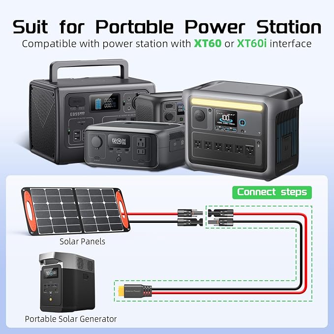 Bateria Power Solar to XT60 Charge Extension Cable, 12AWG 15Ft Solar Connector to XT60 Adapter Cable for Solar Panel to Portable Power Station Solar Generator LiFePO4 Battery RV