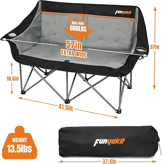 Heavy Duty Double Camping Chair 600LBS Capacity, Fully Padded Folding Camping Chairs Loveseat, Big Oversize Outdoor Patio Lawn Chair with Arm Cup Holder for Camping, Fishing, Beach
