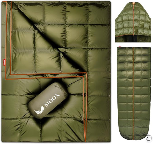 Down Camping Blanket - Packable Down Camping Quilt Backpacking Lightweight Waterproof Outdoor Hiking Stadium Warm Puffy Sleeping Bag 55"x79" Water Resistant Camp Travel Blanket, Green Orange