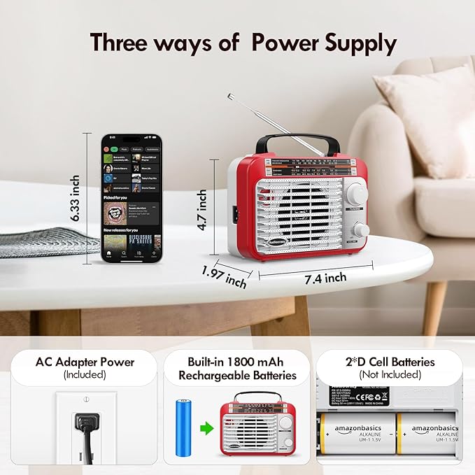 AM/FM/SW1-2 Radio Shortwave Transistor Radio AC or Battery Operated with Best Reception Big Speaker and Precise Tuning Knob with AUX in & 3.5mm Earphone Jack