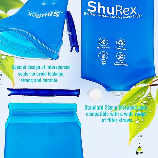 2L Water Container Bag for Sawyer Water Filter Straw, Collapsible Water Bottle Bladder Compatible with Membrane Solutions Water Filter Straw, and other Water Flow Purifiers with 28 mm Thread (2L)