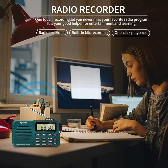 Portable AM/FM Radio, Digital Radio Recorder, Bluetooth 5.0, Alarm and Sleep Function, 12/24H Time Display with Large Digital Display