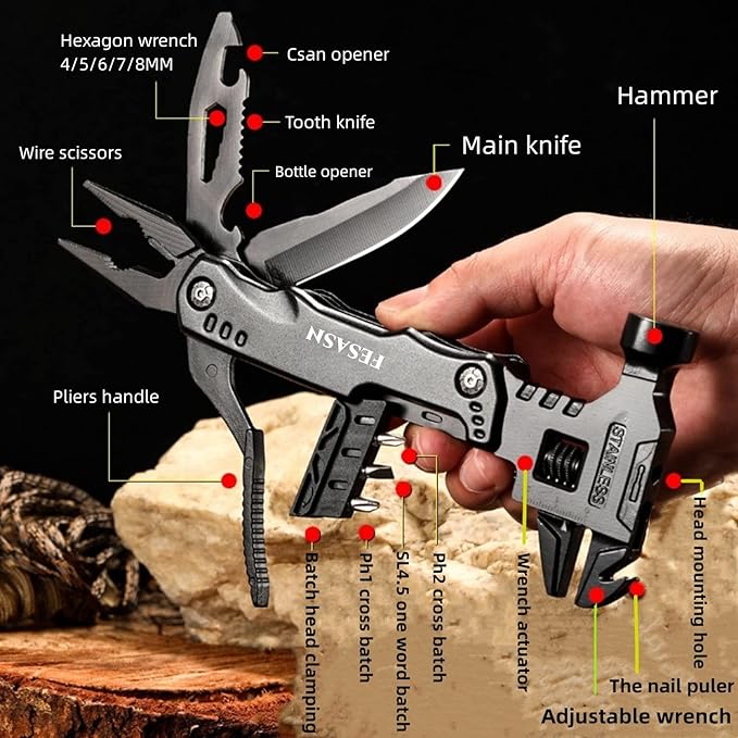 Adjustable Wrench Multitool Hammer, 16 in 1 Pocket Multi Tool Pliers, All-in-One Stainless Steel Survival Camping Multi Tool for Home DIY, Survival, Camping and Everyday Use