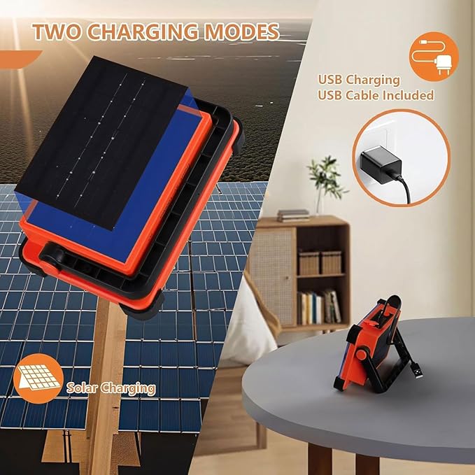 Vcwtty 120W LED Solar Work Light, 144 LED 10000LM Portable Flood Light with Stand, Orange 4 Modes Rechargeable, IP65 Waterproof Outdoor Working Light for Camping, Fishing, Car Repair & Mechanics (1)