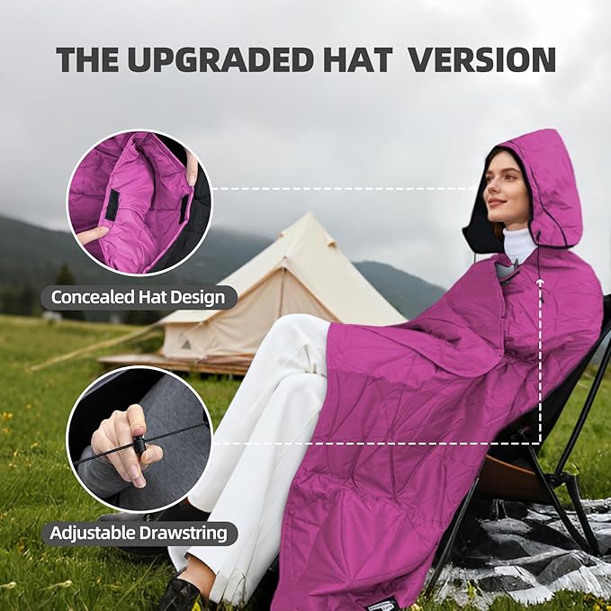 Large Outdoor Waterproof Blanket Extra Thick Fleece Stadium Blanket for Camping, Car, Pet, Picnics - Windproof, Wearable, Machine Washable 80" x 58" (Rose Purple,Hooded)