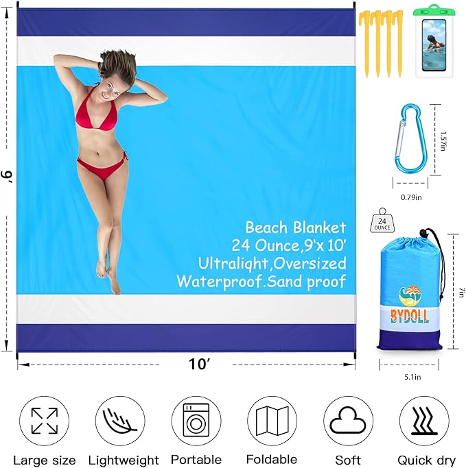 BYDOLL Beach Blanket 10'X9' Waterproof Sandproof Suits1-8 Adults Oversized Lightweight Large Blanket Picnic Mat for Beach Sand Free Travel Camping Hiking Picnic