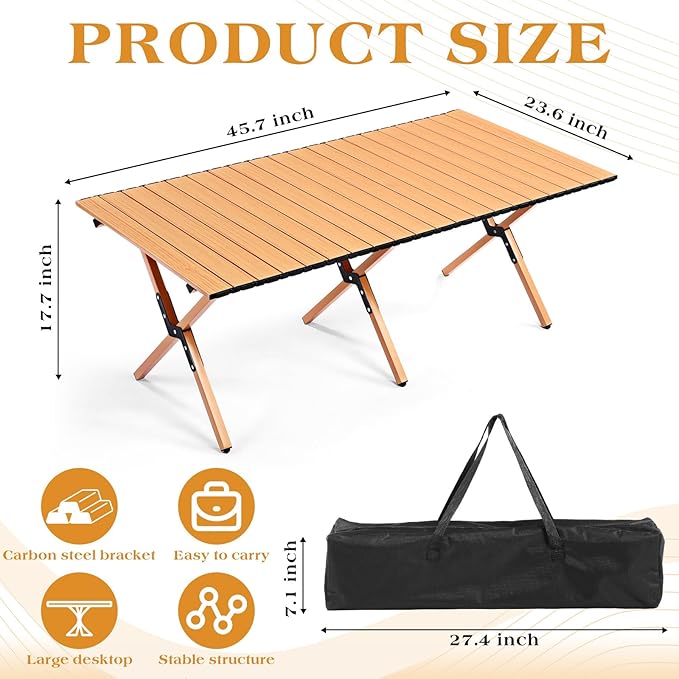 Suzile 2 Pack 4FT Folding Camping Table, Roll Up Portable Camp Table with Carry Bag, Low Collapsible Lightweight Aluminum Outdoor for Camping, Picnic, Beach, Patio, Kitchen(Yellow Wood Color)