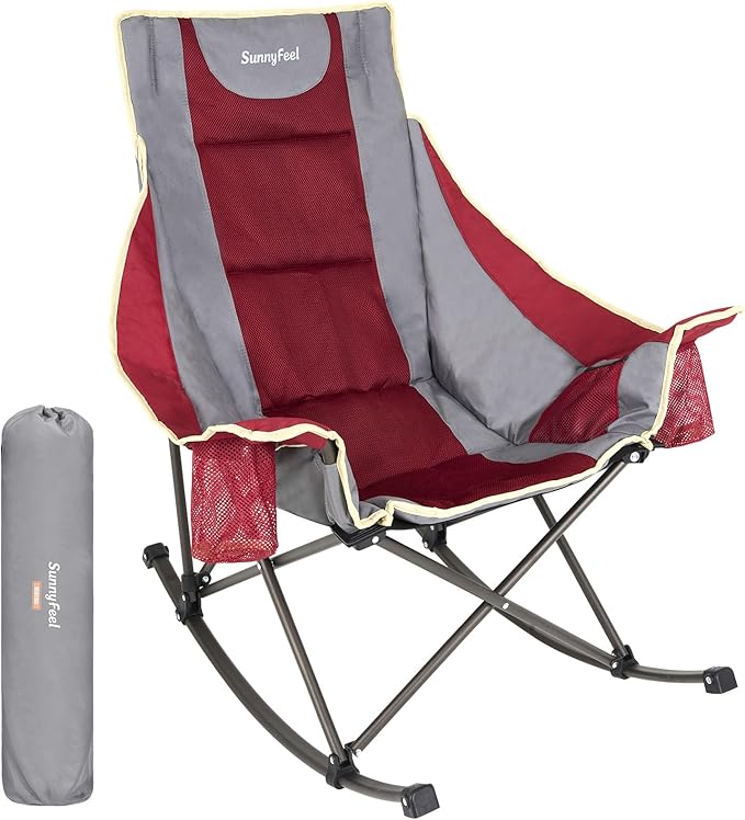 SUNNYFEEL Rocking Camping Chair Fully Padded Patio Folding Chair Portable Oversized Outdoor Rocker High Back Lawn Recliner with Side Pocket Camp Rocker Chairs for Adults Heavy Duty 500 LBS Red