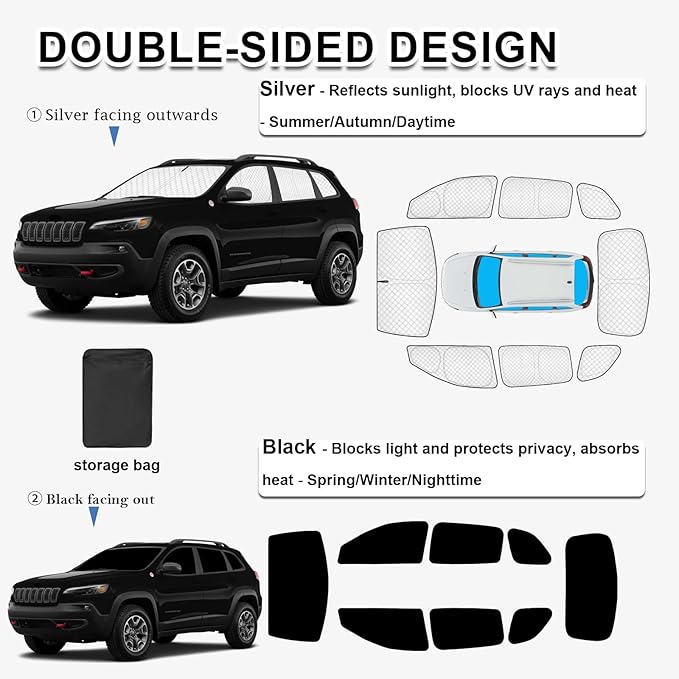 KMF 8pcs Thicken Sun Shades for Jeep Cherokee SUV Accessories 2014-2023(NOT Grand Cherokee),Full Car Window Covers for Windshield Side Rear, UV Block and Privacy Blackout for Camping