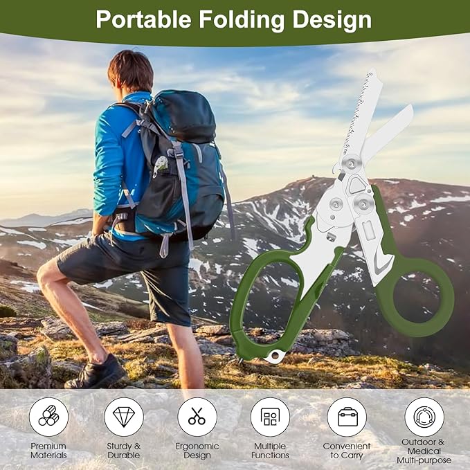 6-in-1 trauma shears - emergency responders, outdoor emergencies, medical staff, and outdoor camping, Gift box packaging with scissors storage K sheaths (army green)