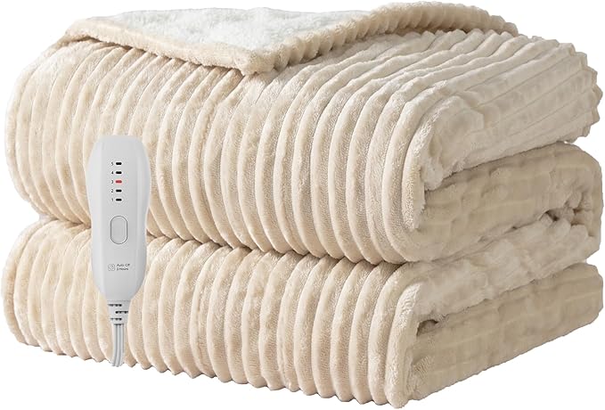 Texciting Heated Blanket Electric Throw 50”X60”-Heating Blanket with 5 Heat Settings-3 Hours Auto Off,ETL Certified,Machine Washable (Beige)