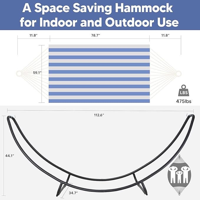 SUNCREAT Portable Large Hammock with Stand, Two Person Hammock with Stand Included, Patent Pending, Blue White