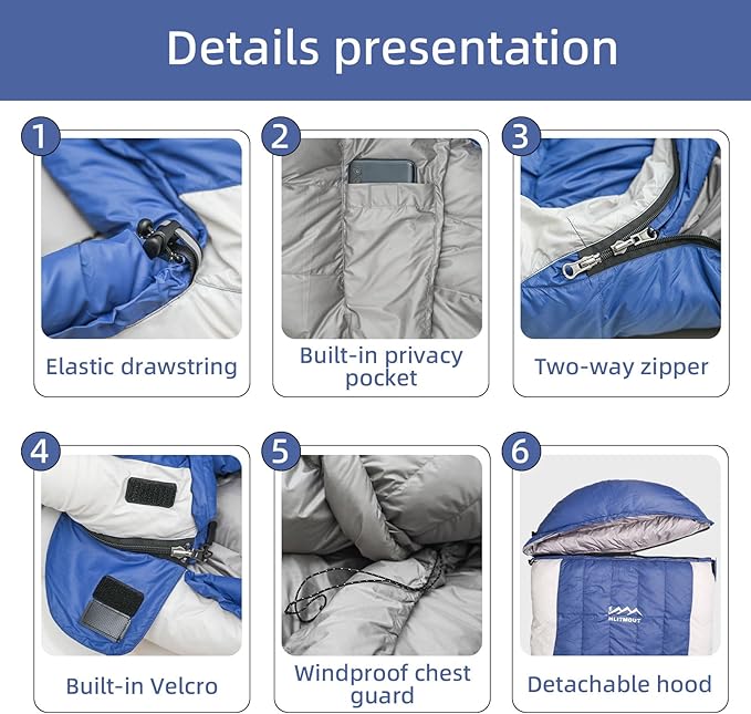 3-in-1 Down Sleeping Bag for Adults with Detachable Hood, 32°F 45°F Rectangular Lightweight Down Blanket Sleeping Bag for Camping Hiking and Backpacking Outdoor and Indoor 4 Season