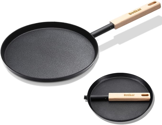 bodkar 8-inch Frying Pan Skillet Flat Crepe Pan, Lightweight Grill Pan with Wooden Handle for Camping Indoor Outdoor Cooking