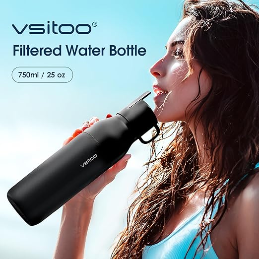 VSITOO 25oz Insulated Stainless Steel Filtered Water Bottle for Travel and Everyday Use，5-Stage 0.01μm Ultra-strong Filtration，Reusable，Improves Taste，for Hiking, Cycling, Gym & Outdoor Use，Black