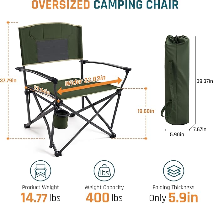 DMH OUTDOORS 2 Pack Oversized Camping Chairs for Adults Heavy Duty 400 LBS, Folding Camp Chair with Hard Metal Armrests & Swivel Cup Holder, Portable Lawn Chair for Outdoor, RV, Tailgating, Green