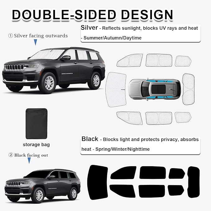 KMF 8pcs Thicken Sun Shades for Jeep Grand Cherokee L(Three-Row) 2021-2026 Accessories (NOT for Grand Cherokee&Cherokee),Full Car Window Covers for Windshield Side Rear, UV Block and Blackout Camping