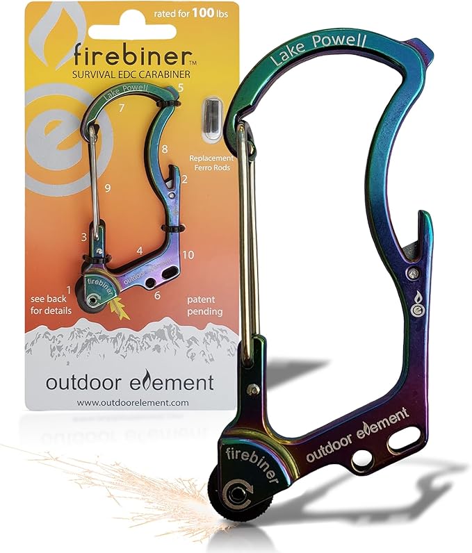 OUTDOOR ELEMENT Firebiner Custom Engraved 6-in-1 Fire Starter Carabiner Multitool – Survival Gear EDC Keychain with Utility Blade, Bottle Opener, Screwdriver, Emergency Tool