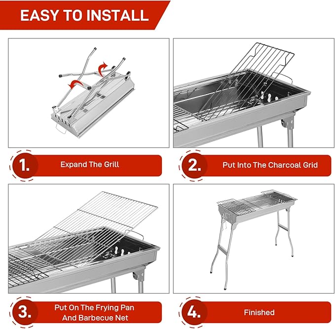 Outvita Portable Charcoal Grill, 28x 13 x 27" Foldable Barbecue Grill, Stainless Steel BBQ Grill for Outdoor Cooking Camping Hiking Picnic Garden Beach Party
