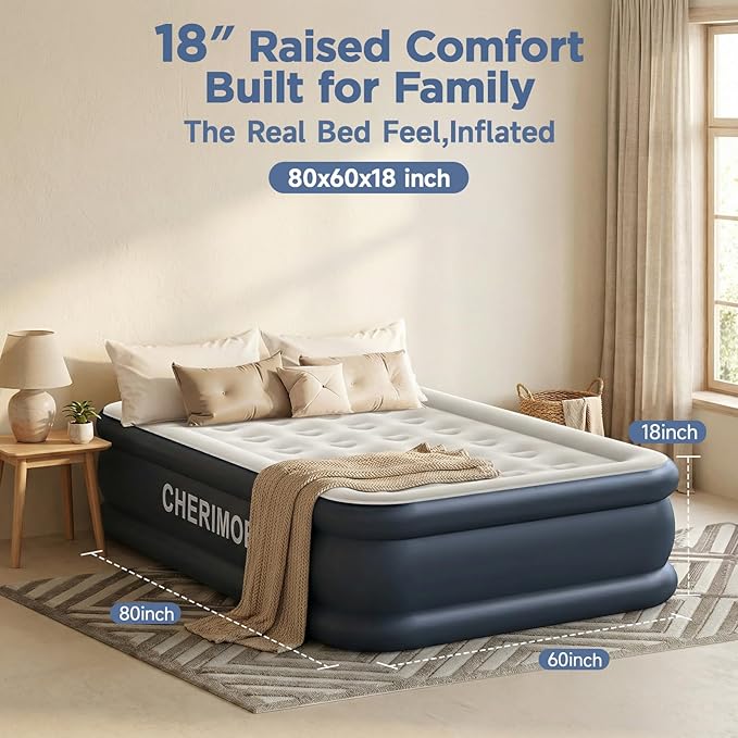 CHERIMOR Queen Air Mattress with Built in Pump, 18" Elevated Height, 48Hr Leak-Tested, Honeycomb Coil Support, 800 lbs Capacity, Fast 3-Min Inflation Blow Up Mattress for Guest Room & Sleepover