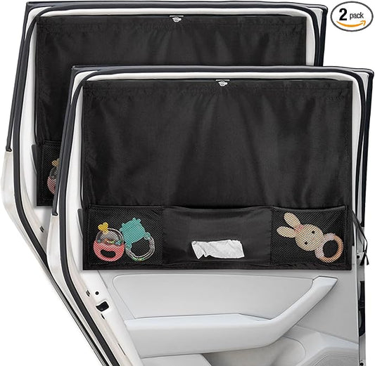 Car Window Shades, 2 Pcs 5 Suction Cups Car Sun Shade for Baby with Car Tissue Holder & Storage Net Pocket for Heat/UV Protection Sun Block Covers, Car Camping Accessories