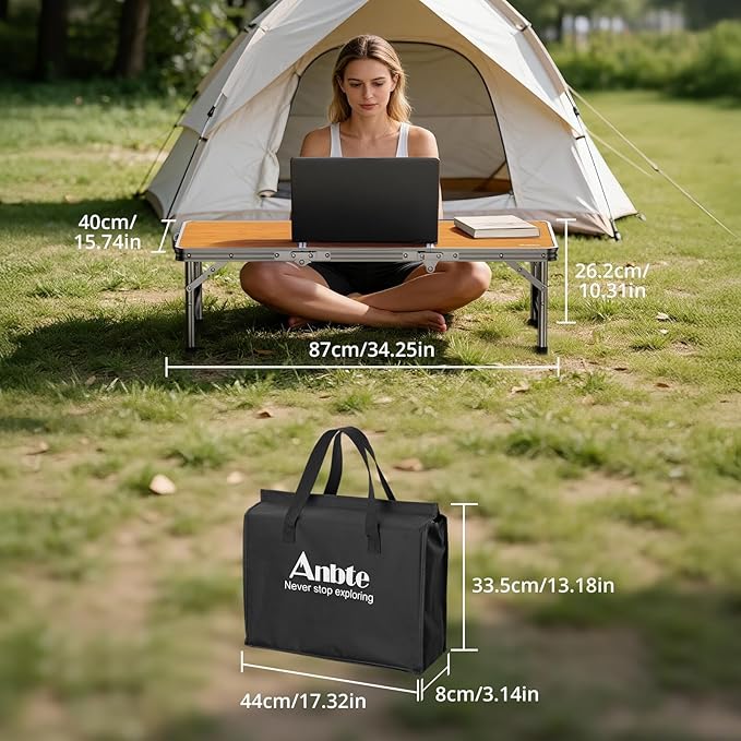 Anbte 34.2" x 15.7" Low Folding Picnic Table, 10.3" Height Thicker Aluminum Small Camping Table with Storage Bag, Portable Handle, Lightweight, for Camping Beach Party Picnic Floor, Yellow