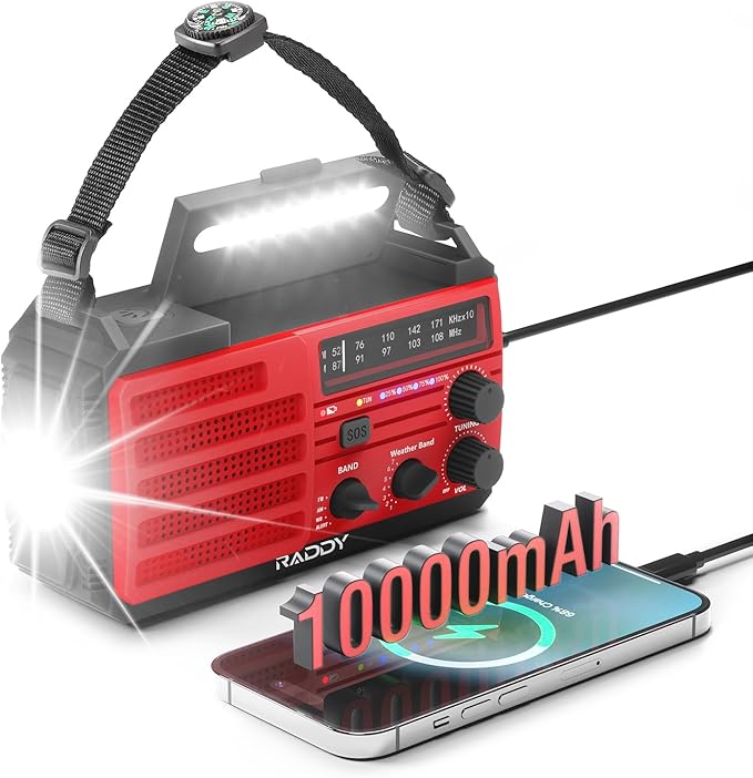 [37000mWh Battery] Raddy SW10 Emergency Radio, Hand Crank Solar, AM FM NOAA Radio with Rechargeable Battery Flashlight SOS Alarm Compass, Power Bank for Power Outage Camping Hurricane Outdoor