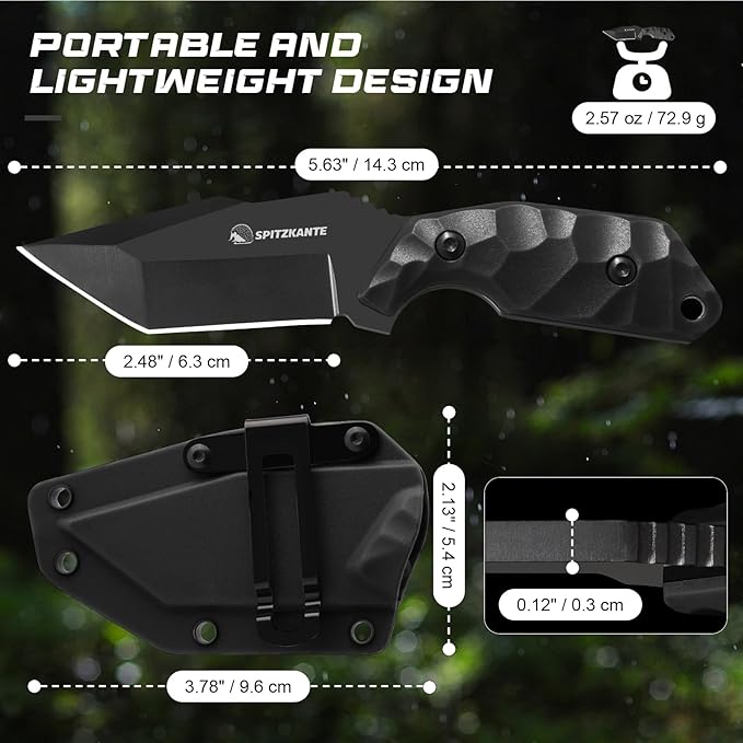 3.07" Neck Knife with Sheath X-TAN-K, Horizontal Carry Knife with Full Tang Tanto 5Cr14MoV Steel Blade, for EDC, Camping, Hiking