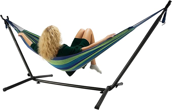 Hammock with Heavy-Duty Steel Stand for Outside，Hammocks 450 Lb Capacity，Portable Hammock，2 People Standing Hammocks，Suitable for Beach，Backyard, Gardens, Patio, Bedroom，100 * 40 * 38 Inch (Blue)
