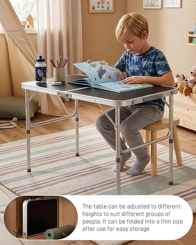 Outvita 3ft Portable Folding Camping Table, Outdoor Waterproof Adjustable Height Table, Aluminum Lightweight Suitcase Foldable Table for Picnic BBQ Beach Dining