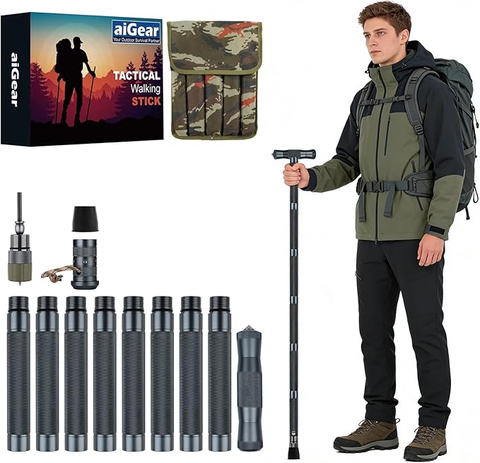aiGear H3 Tactical Survival Walking Stick, Outdoor Hiking Staff Multitool Gear Adjustable Trekking Poles for Camping Hiking Survival 6-8 Tubes（with Multitool）