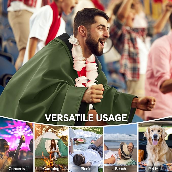 BEDELITE Large Waterproof Camping Blanket for Spring and Autumn, Lightweight Packable Blanket for Car, Foldable Fleece Stadium Blanket for Outdoor Sports, Wearable, Machine Washable, 55" x 80",Green