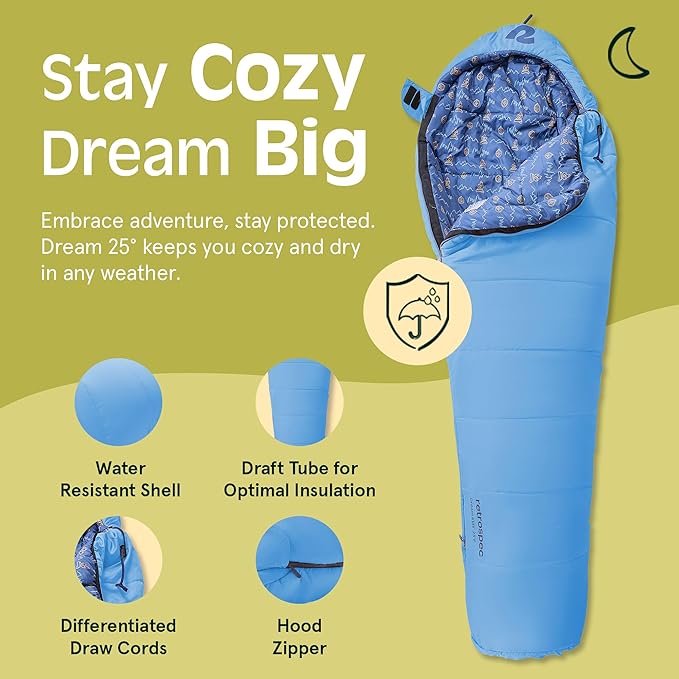 Retrospec Dream 25 Kids Sleeping Bag for Camping - Mummy Style, Water-Resistant, Lightweight 3lbs 3oz, Adjustable Length, Draft Collar, 25°F Rating