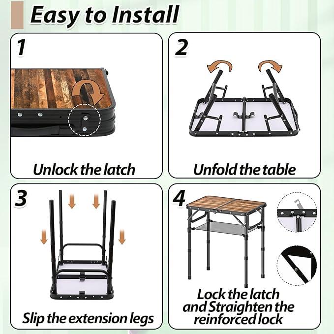 YihuiKo Folding Picnic Table with Storage Net, 3 Adjustable Heights Aluminum Small Folding Table, Lightweight, Portable Carrying Handle, for Camping Travel Outdoor
