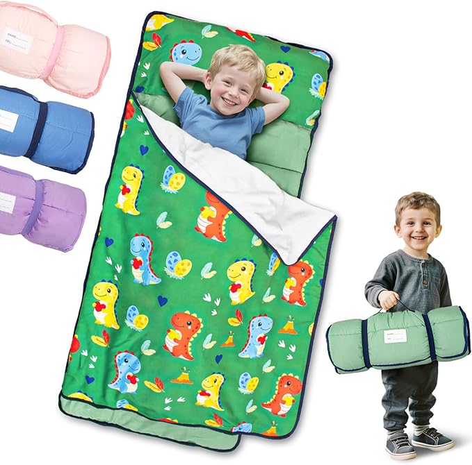 Primlect Lightweight Toddler Nap Mat, Portable Rolled Design Perfect for Daycare Travel, 51”x31 All-in-One Sleeping Bag with Removable Pillow and Fleece Blanket for Boys Girls, Machine Washable