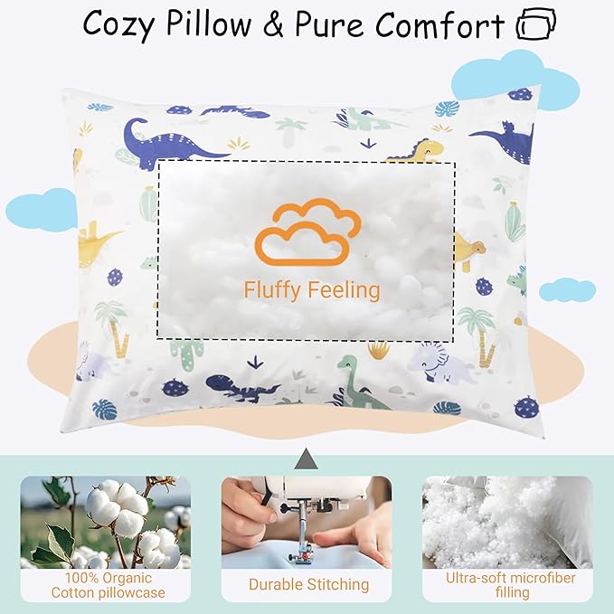 ZPECC Toddler Pillow with Pillowcase - 13x18 Organic Cotton Hypoallergenic Kids Pillow, Baby Essentials for Travel Crib Daycare Stroller (Intended for Age 2 and up) Dinosaur