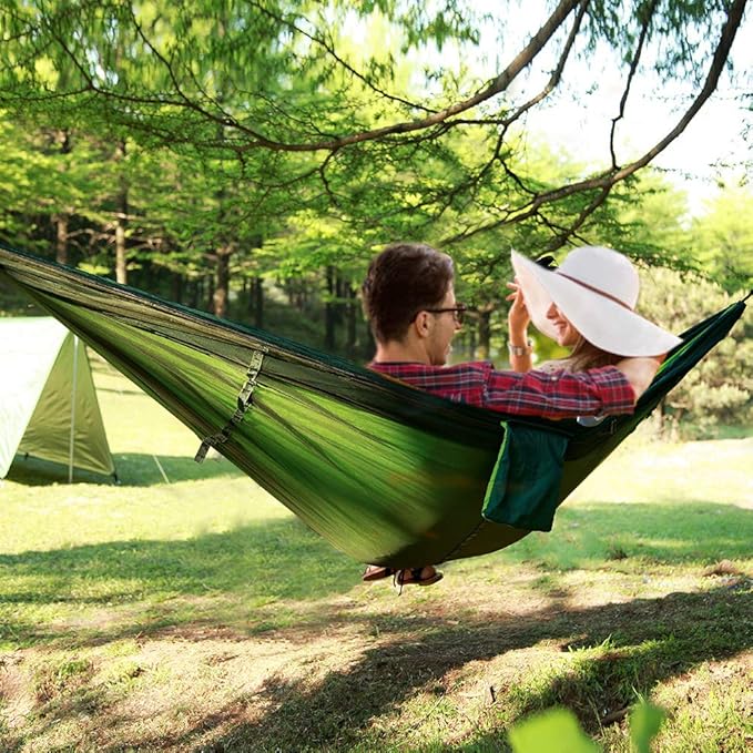 Camping Hammock, Double & Single Portable Hammock with Tree Straps, Lightweight Nylon Hammock Swing Set with Net and Rain Fly Tarp and Pocket for Backpacking Hiking Travel Outdoor(Light Green)